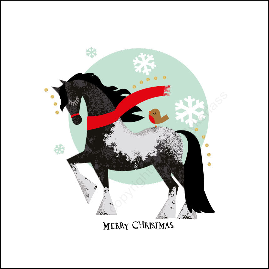 Horse Cosy Winter Scarf Christmas Card with hand painted gold leaf --- CHDCX2