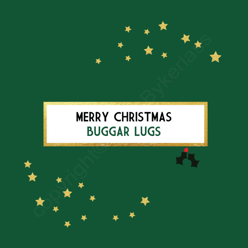 Merry Christmas Buggar Lugs Bottle Green Christmas Card by Wotmalike
