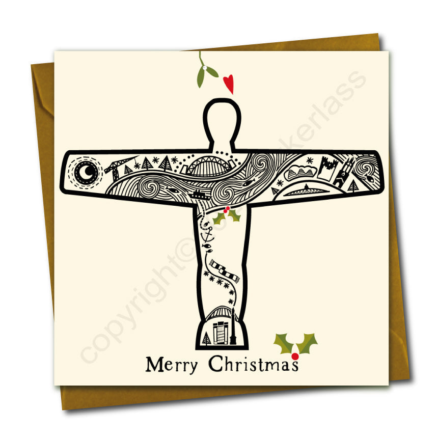 Angel of the North Line Illustration (cream) Christmas Card by Wotmalike