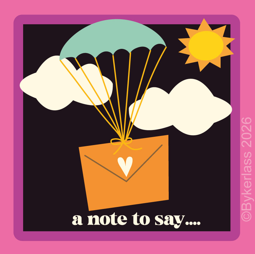 A square graphic design with a pink border and dark background, featuring a stylized orange envelope with a white heart, a teal parachute, cream clouds, a yellow sun, and the text 'a note to say.