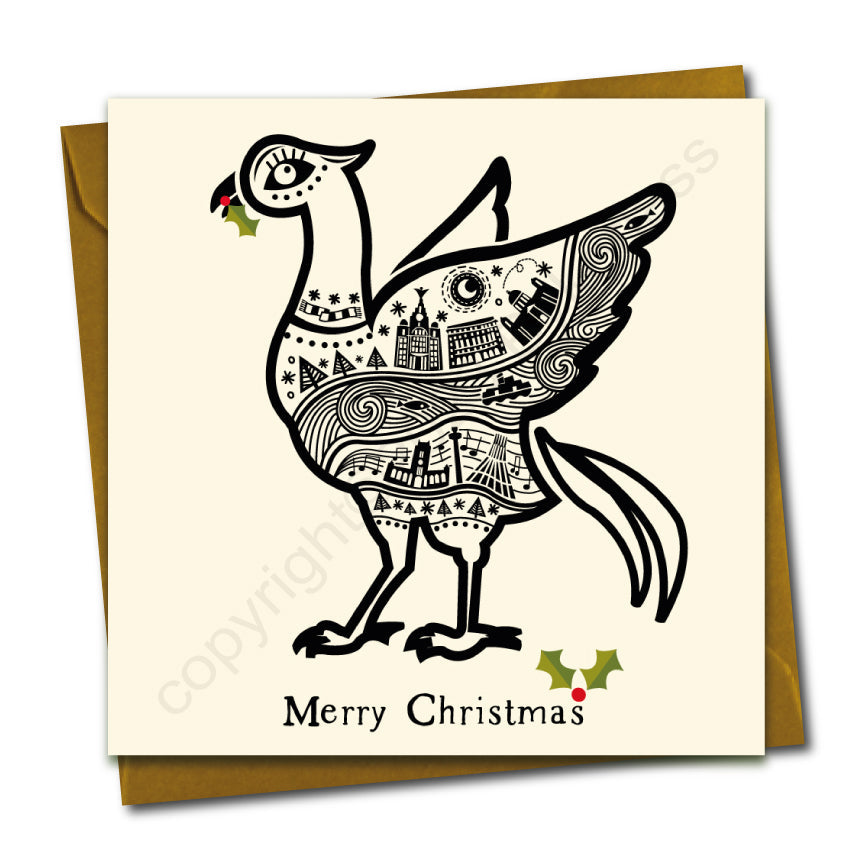 Liver Bird Line Illustration Christmas Card (Cream) --- SX13