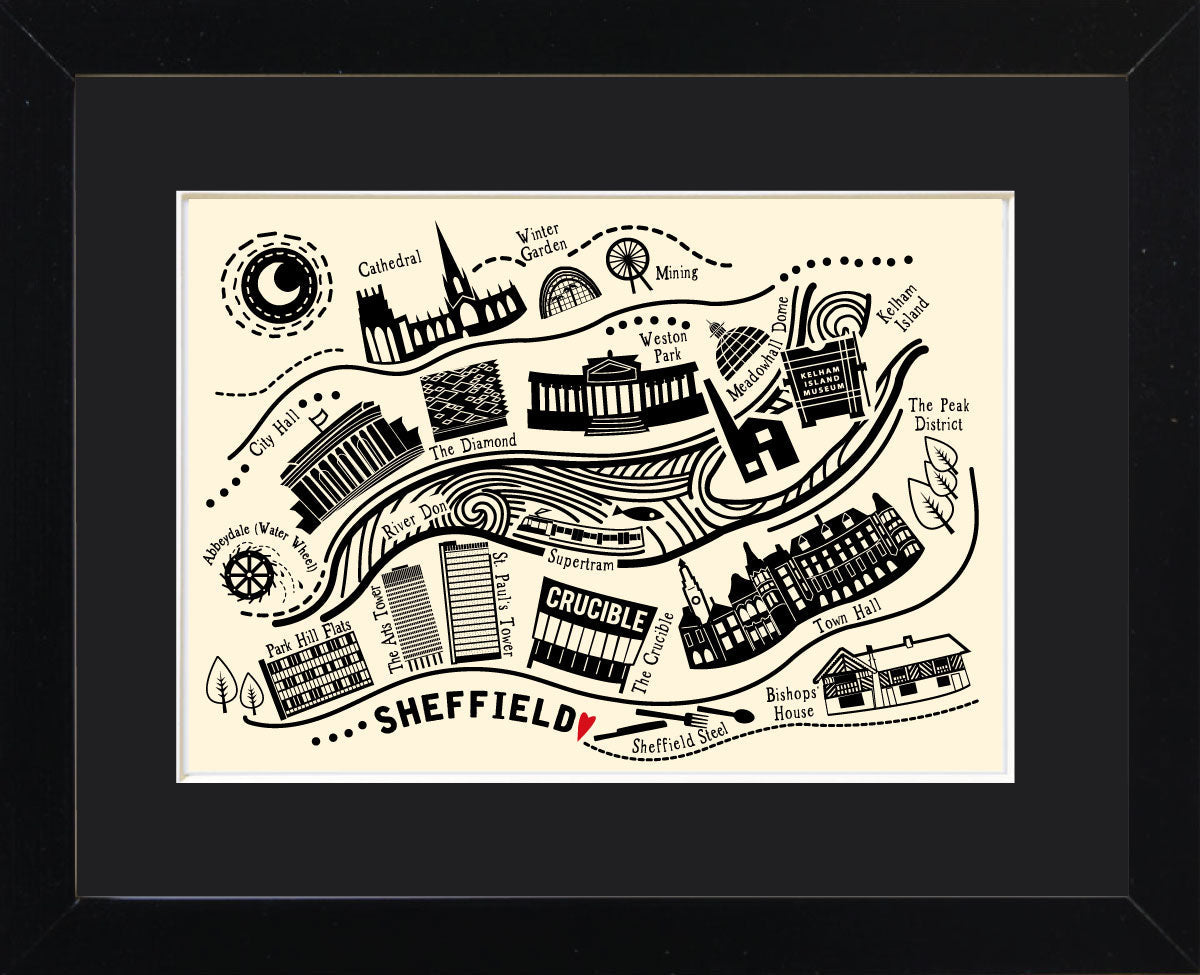 Sheffield Line Illustration Mounted Print Design 3 with text