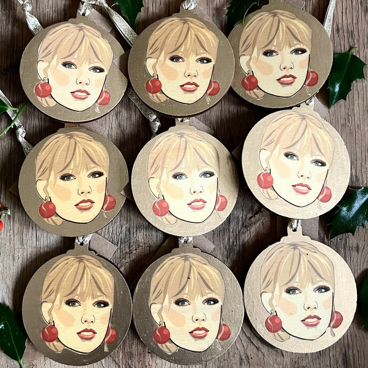 Taylor Swift - Character Wooden Bauble Hand Painted with Gold Leaf Paint - RWHO
