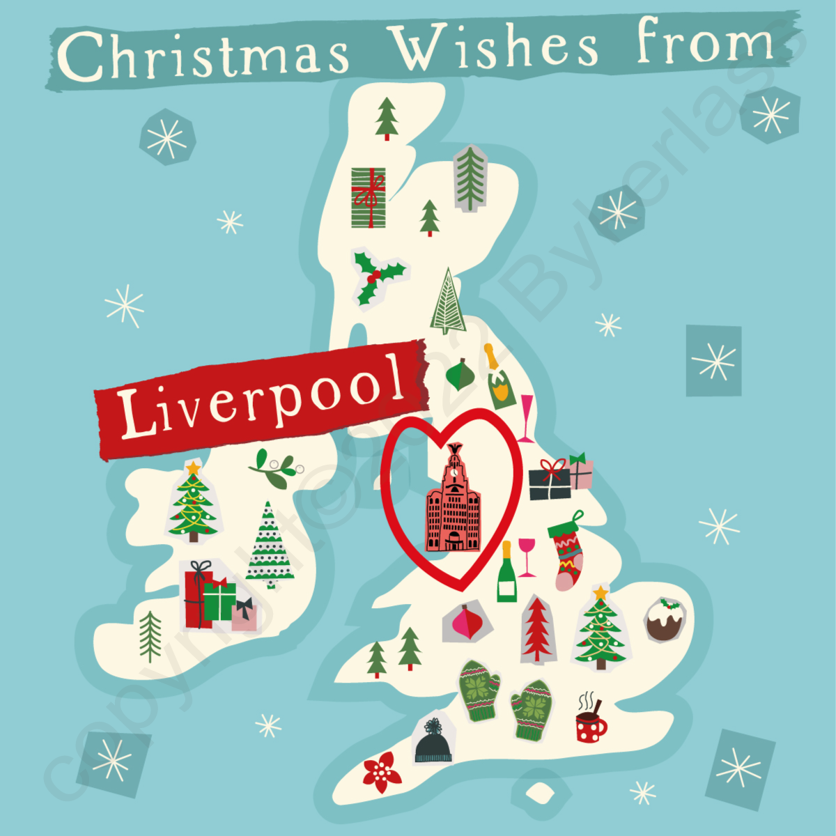 Illustrated UK Map Christmas Card - Liverpool by Wotmalike