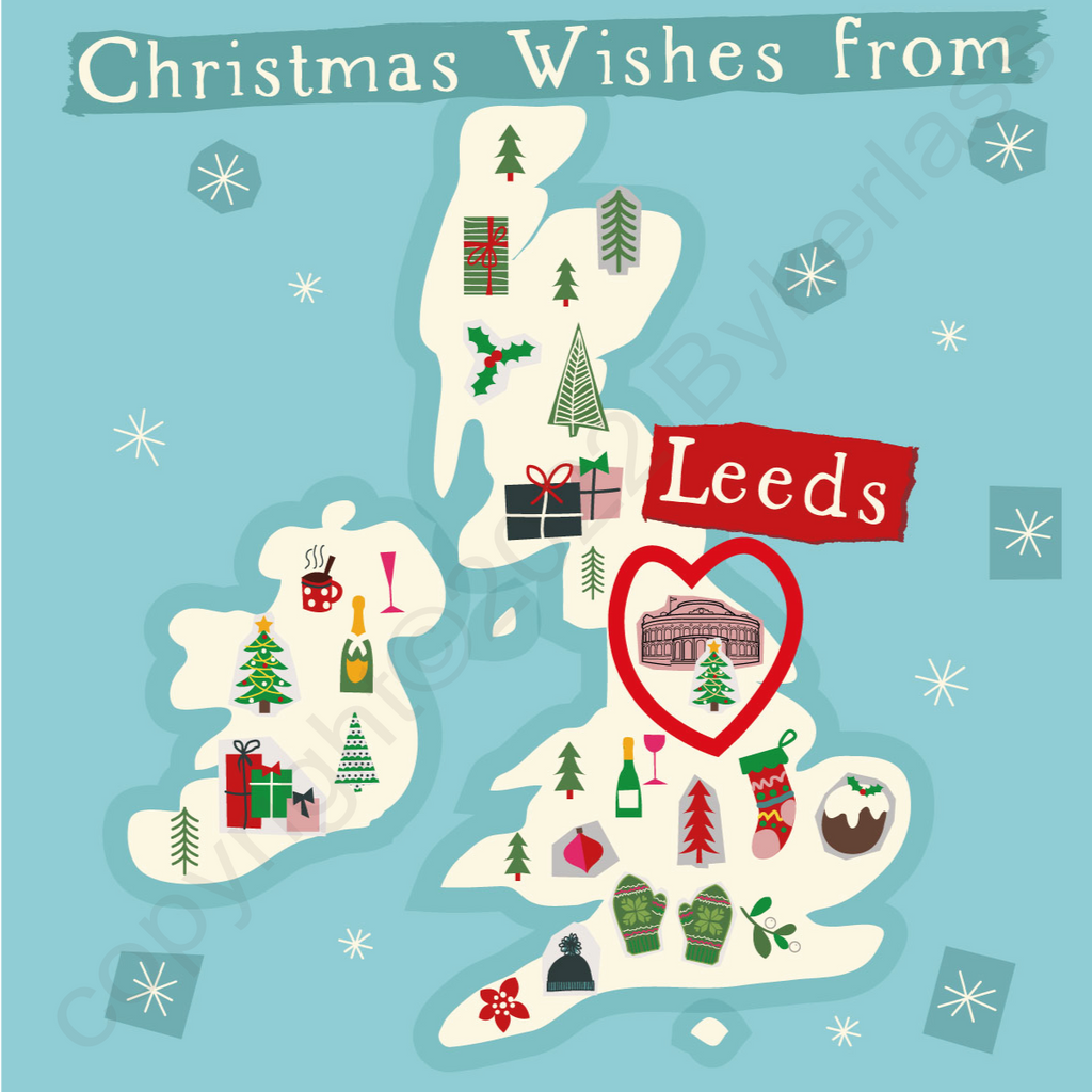 Illustrated UK Map Christmas Card - Leeds by Wotmalike