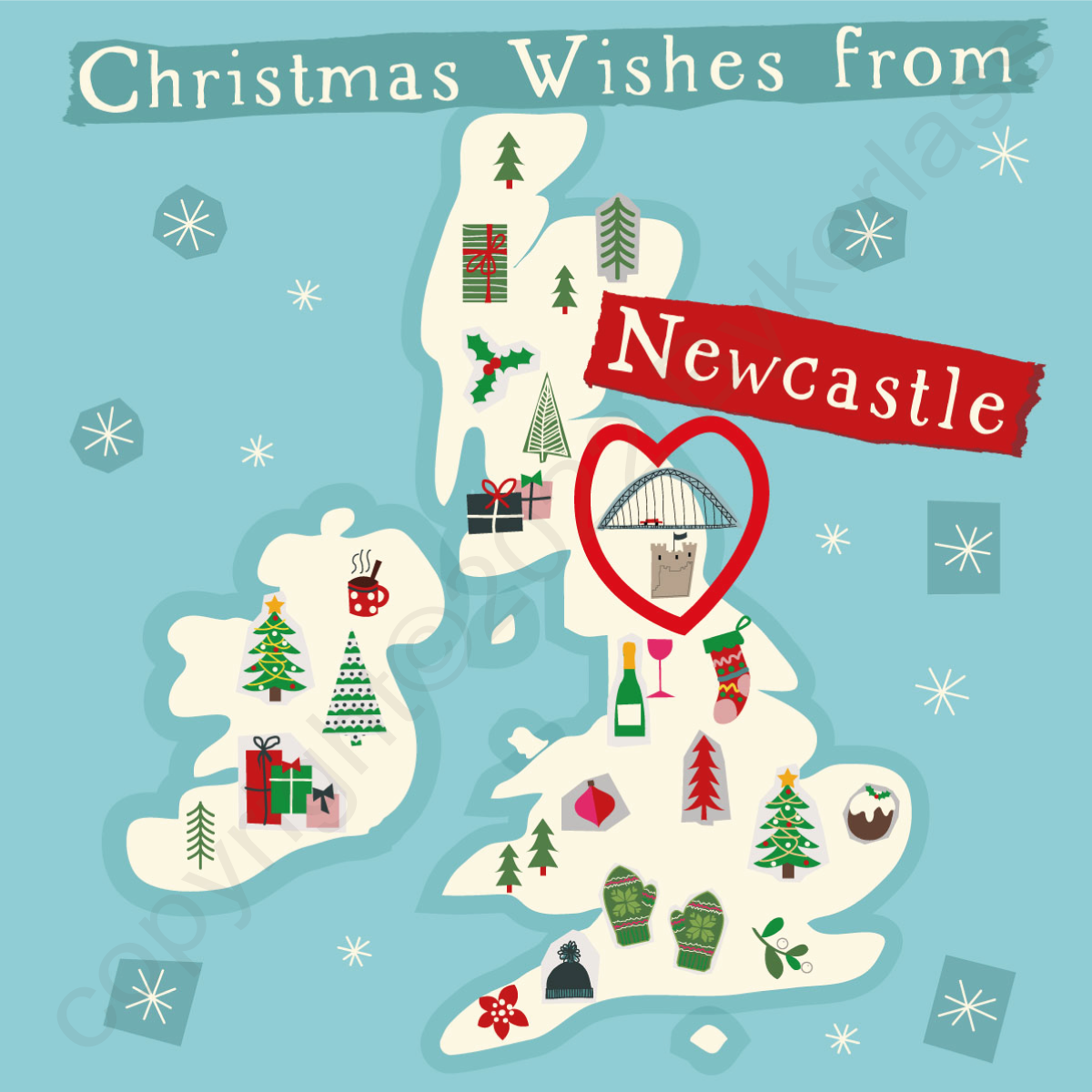 Illustrated UK Map Christmas Card - Newcastle by Wotmalike