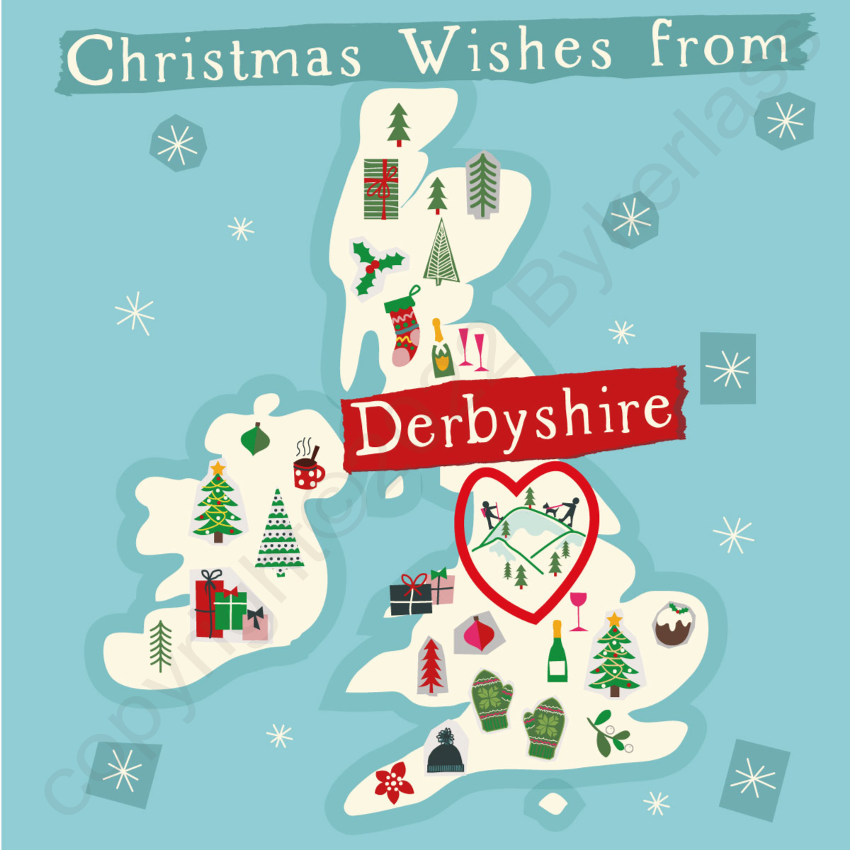Illustrated UK Map Christmas Card - Derbyshire by Wotmalike