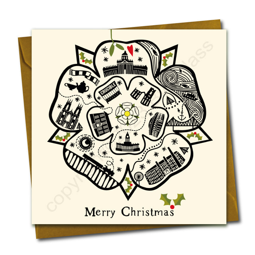 Yorkshire Rose (Cream) Line Illustration Christmas Card --- YX13