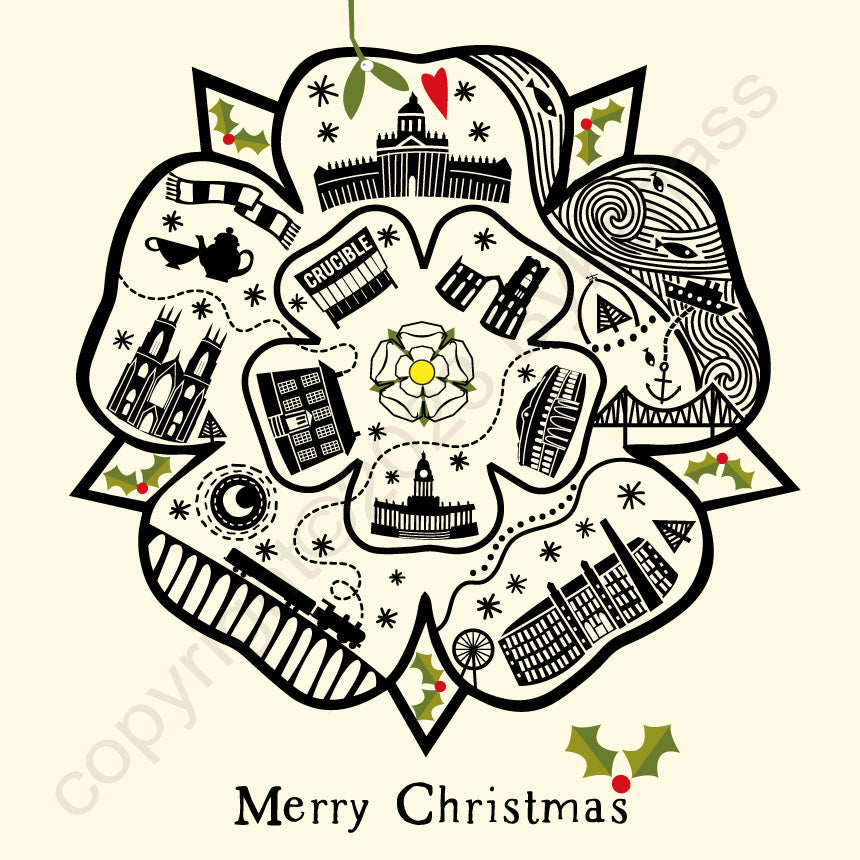 Yorkshire Rose (Cream) Line Illustration Christmas Card