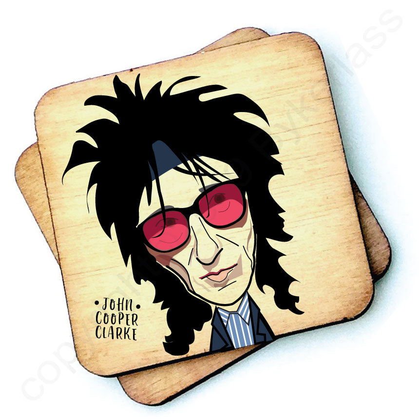 John Cooper Clarke Character Wooden Coaster by wotmalike