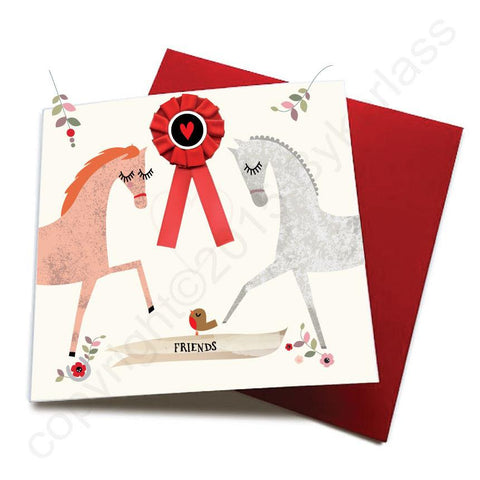 Friends - Horse Greeting Card  (with satin ribbon rosette) -  CHDC18