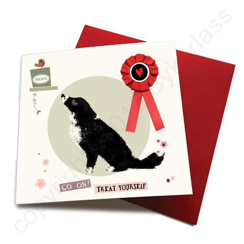 Go On Treat Yourself - Dog Greeting Card (with satin ribbon rosette)  CHDC56
