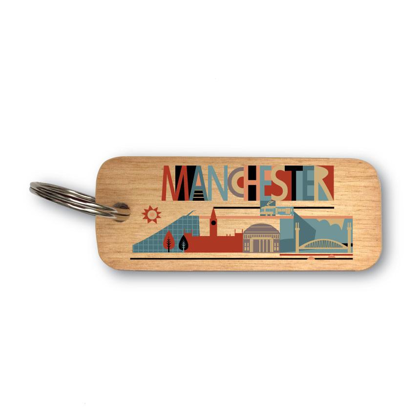 City Scape Manchester North West Rustic Wooden Keyring
