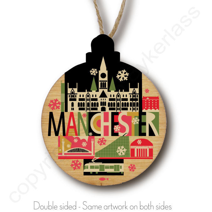 City Scape Manchester Rustic Wooden Christmas Bauble