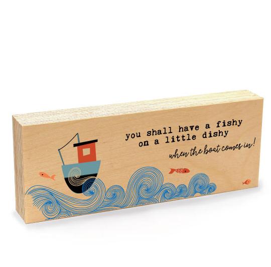 FISHY ON A DISHY Two Sided Hand Made Wooden Art Block