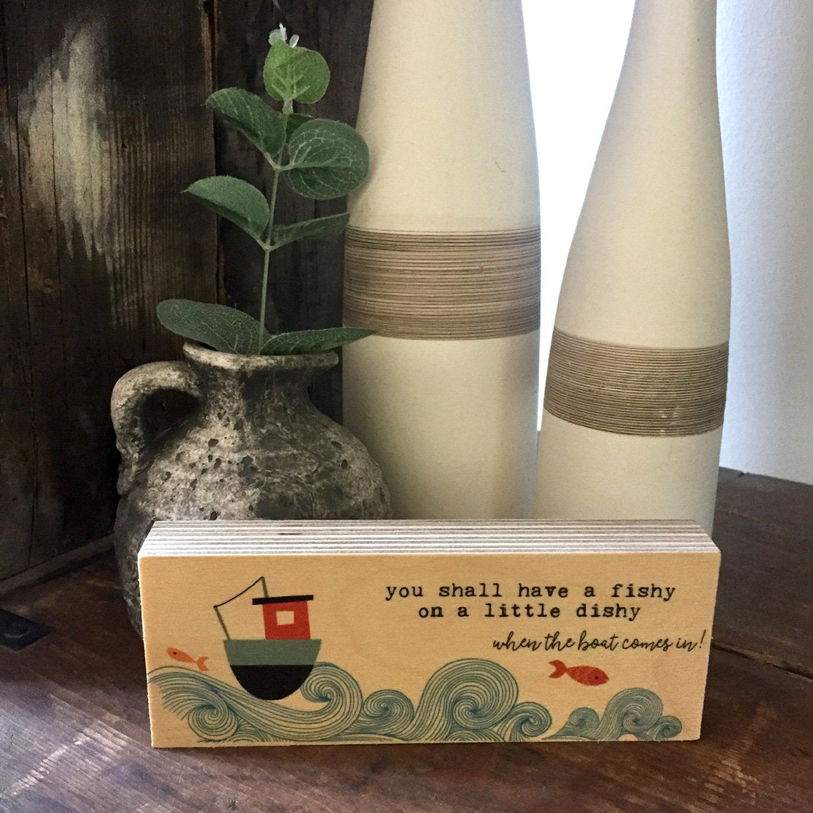 FISHY ON A DISHY Two Sided Hand Made Wooden Art Block by Wotmalike
