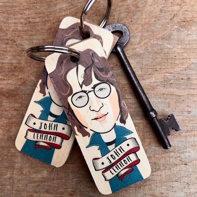 John Lennon (Long Hair) Character Wooden Keyring by Wotmalike