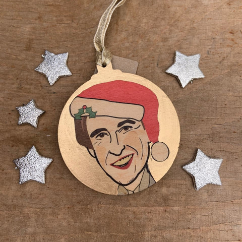 Alan Partridge - Character Wooden Bauble Hand Painted with Gold Leaf Paint - RWHO