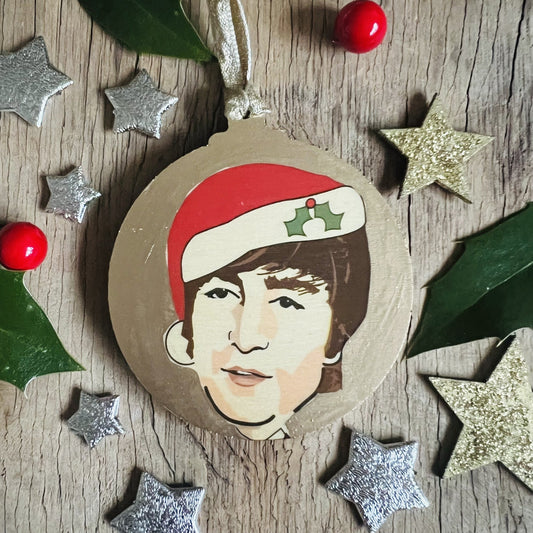 John Lennon- Character Wooden Bauble Hand Painted with Gold Leaf Paint - RWHO