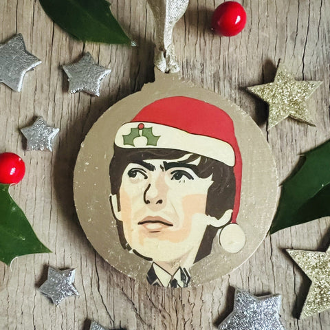 George Harrison- Character Wooden Bauble Hand Painted with Gold Leaf Paint - RWHO