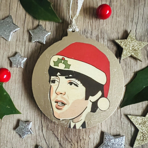 Paul McCartney- Character Wooden Bauble Hand Painted with Gold Leaf Paint - RWHO