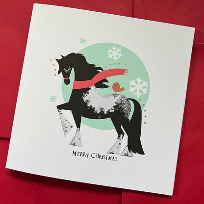 Horse Cosy Winter Scarf Christmas Card with hand painted gold leaf --- CHDCX2