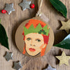 David Bowie - Character Wooden Bauble Hand Painted with Gold Leaf Paint - RWHO