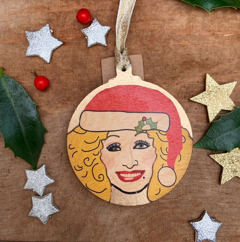 Dolly Parton - Character Wooden Bauble Hand Painted with Gold Leaf Paint - RWHO