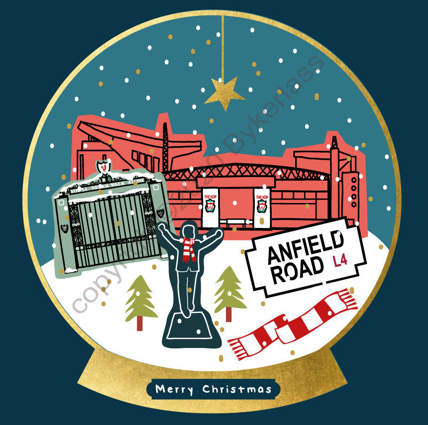 Liverpool Anfield Football Snow Globe Christmas Card by Wotmalike