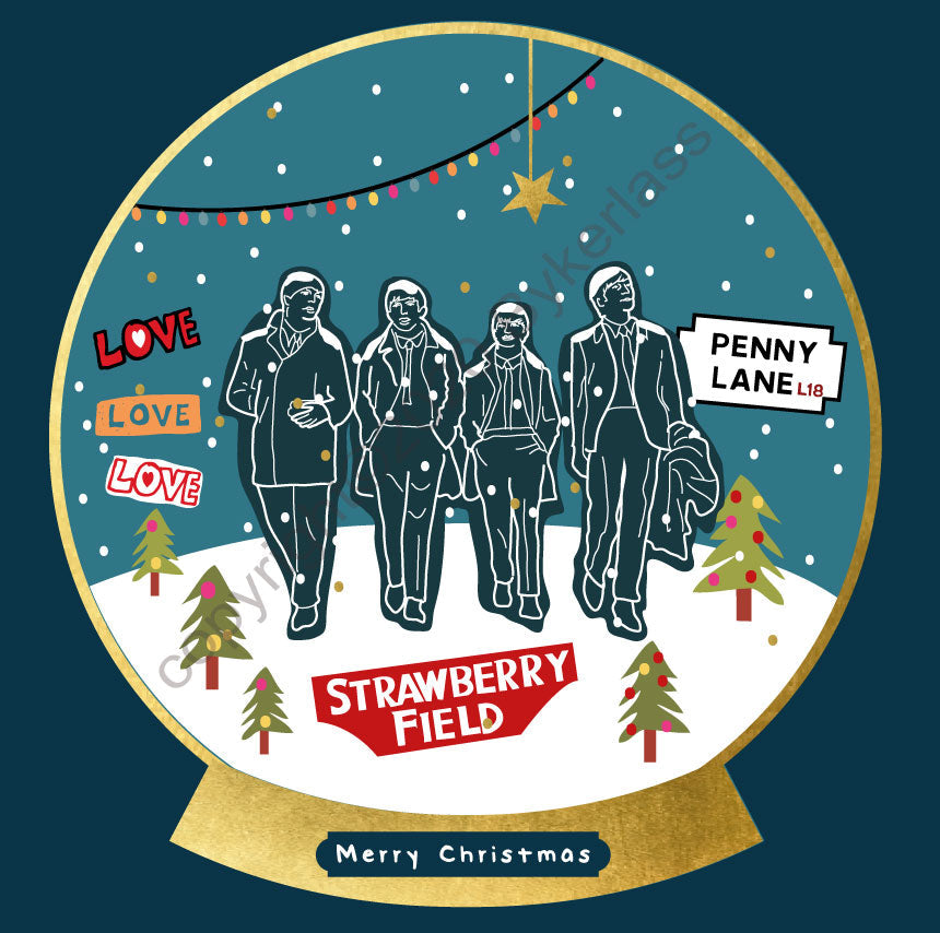 The Beatles Snow Globe Christmas Card by Wotmalike
