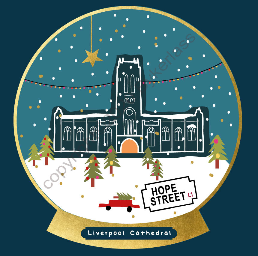 Liverpool Cathedral Snow Globe Christmas Card by Wotmalike