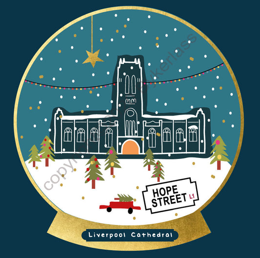 Liverpool Cathedral Snow Globe Christmas Card by Wotmalike