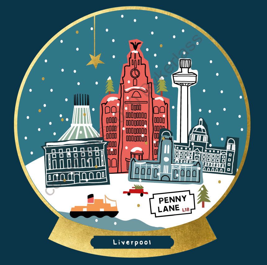Liverpool Snow Globe Christmas Card by Wotmalike