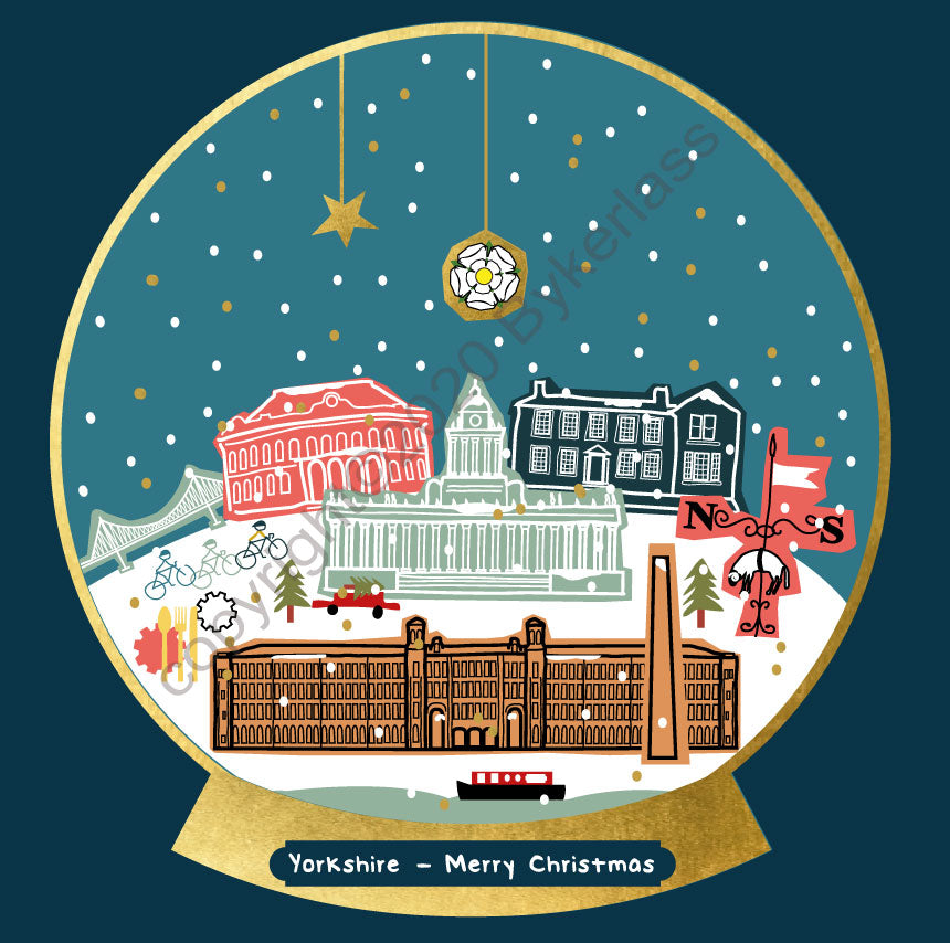 Yorkshire Two Snow Globe Christmas Card by Wotmalike