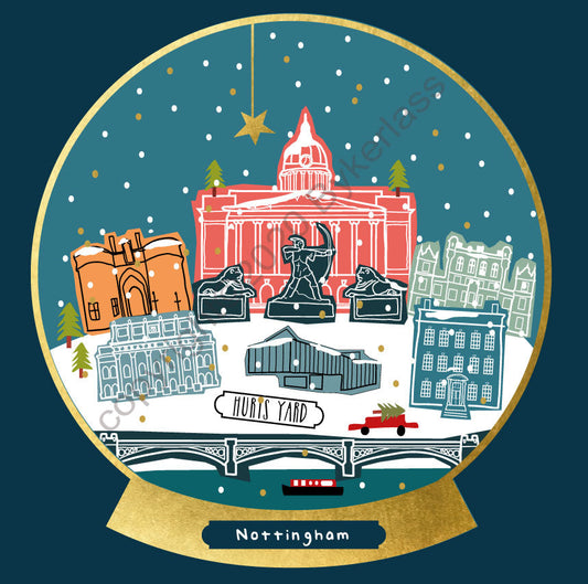 Nottingham Snow Globe Christmas Card by Wotmalike