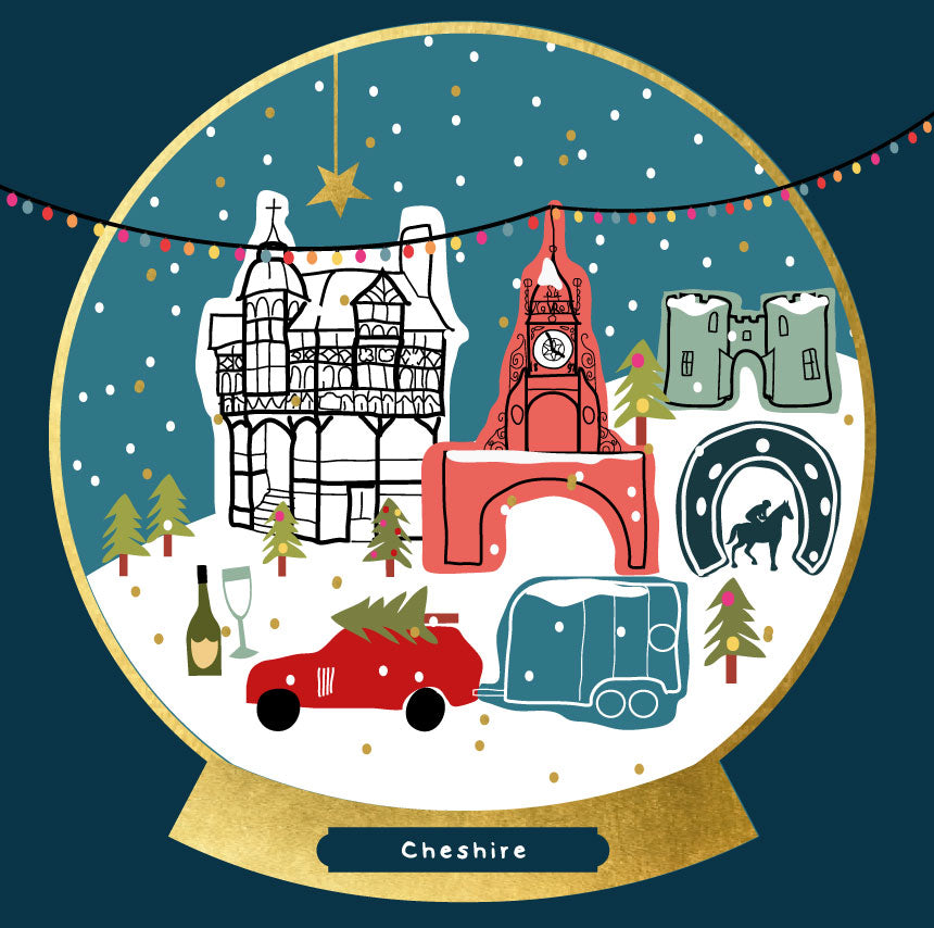 Cheshire Snow Globe Christmas Card by Wotmalike