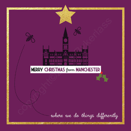 Manchester Bee Plum Christmas Card by Wotmalike
