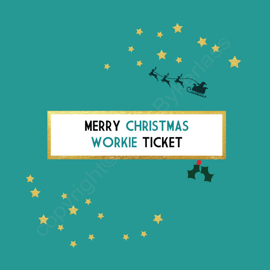 Merry Christmas Workie Ticket Turquoise Christmas Card by Wotmalike