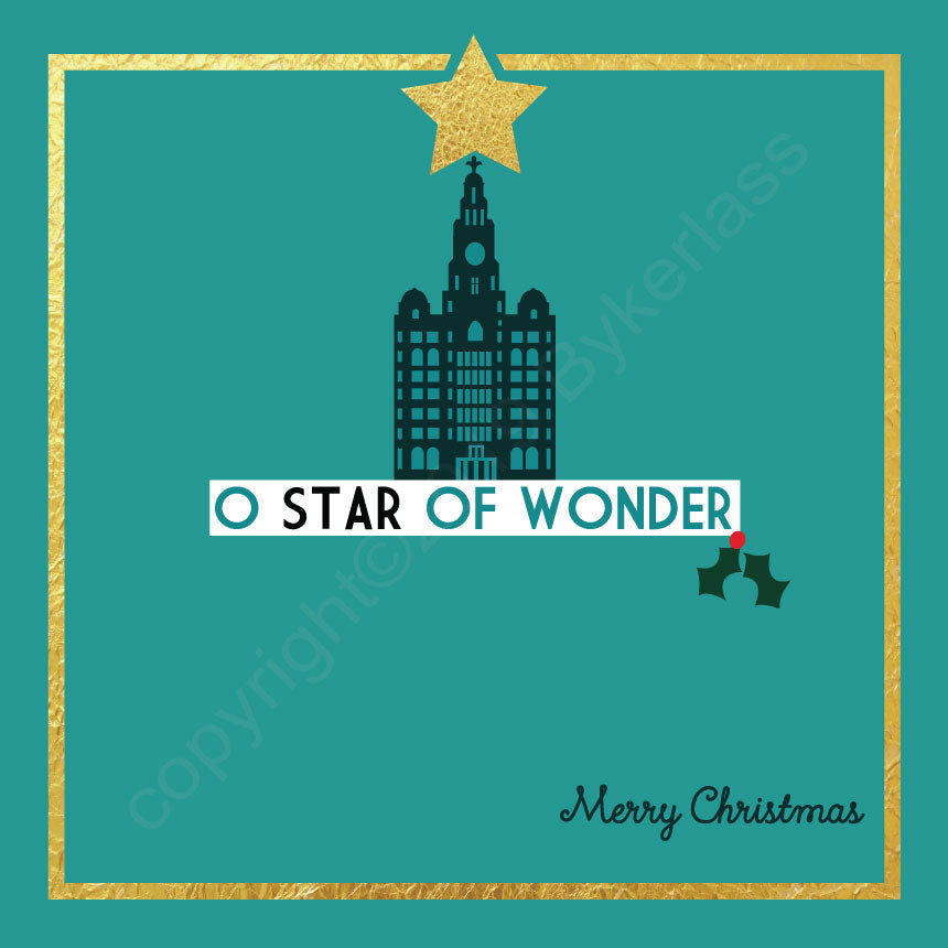 Liver Building O Star of Wonder Turquoise Christmas Card by Wotmalike