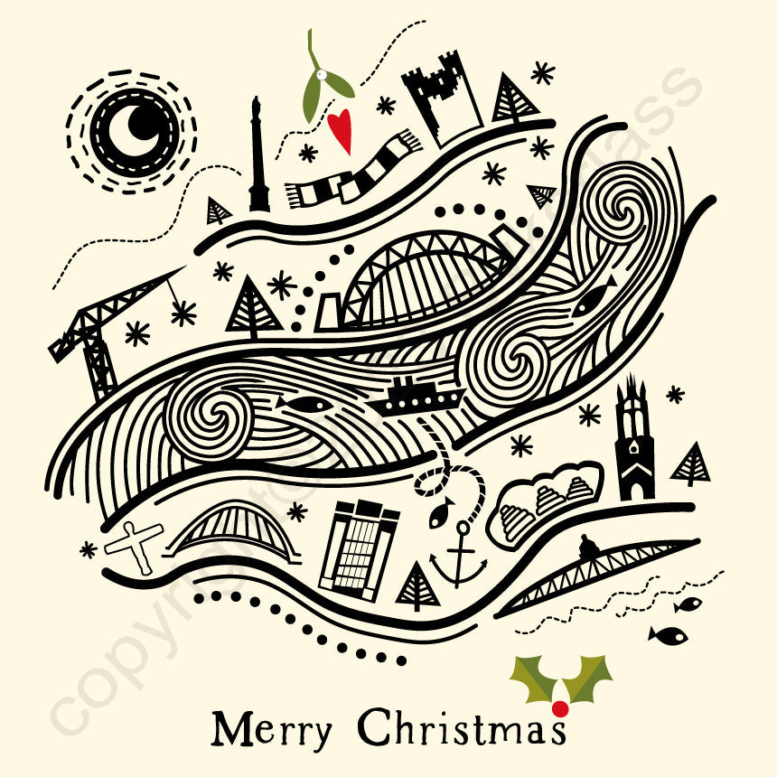 Newcastle Line Illustration Christmas Card  By wotmalike