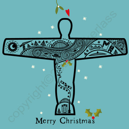 Angel of the North Line Illustration (blue) Christmas Card --- GX24