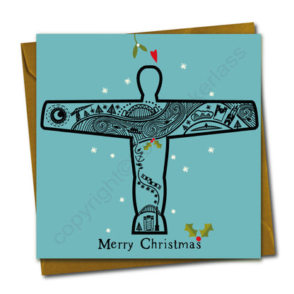 Angel of the North Line Illustration (blue) Christmas Card --- GX24