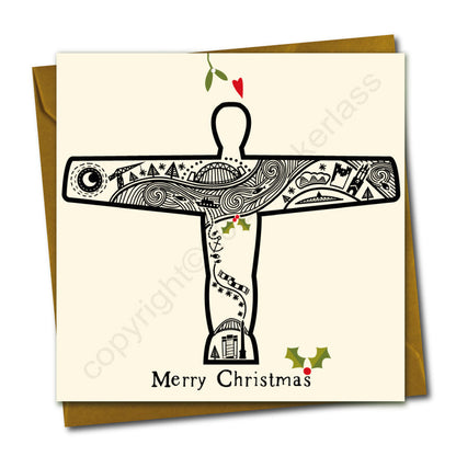 Angel of the North Line Illustration (cream) Christmas Card by Wotmalike