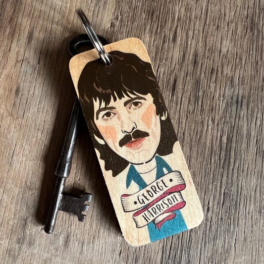 George Harrison 1970s Character Wooden Keyring by Wotmalike