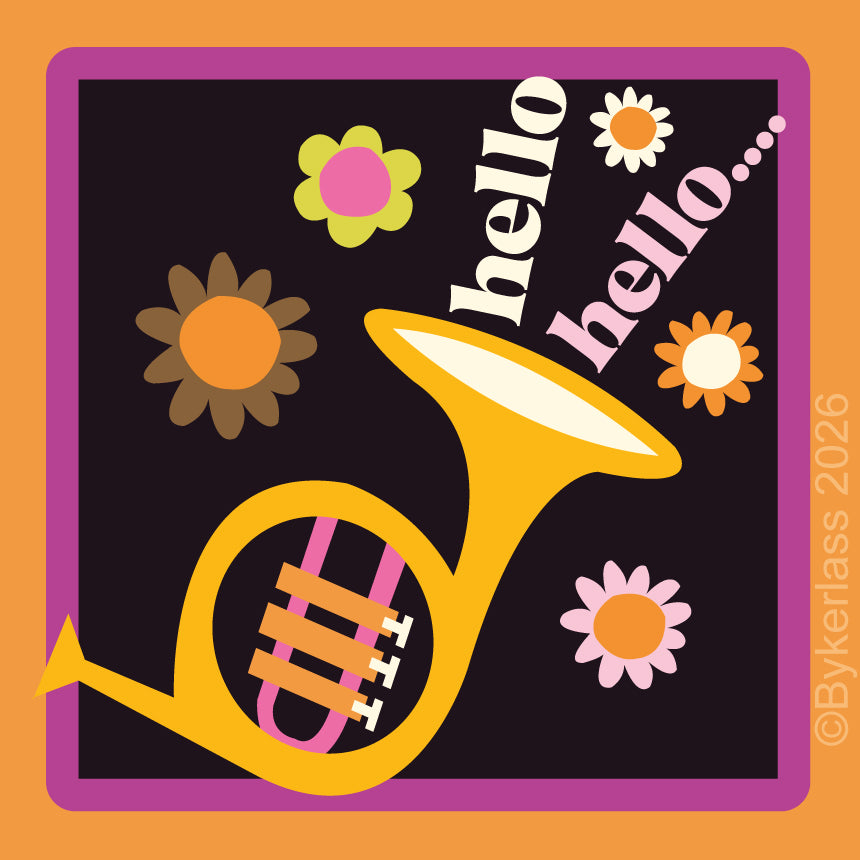 A square graphic design featuring a stylized yellow trumpet on a dark purple background, surrounded by colorful flowers and the word 'hello' repeated in white and pink. The design is framed by a purple border on an orange background, with a copyright notice 'Bykerlass 2026' along the right edge.