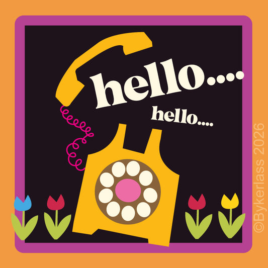 A square graphic print featuring a retro yellow rotary telephone on a dark background with the words 'hello.