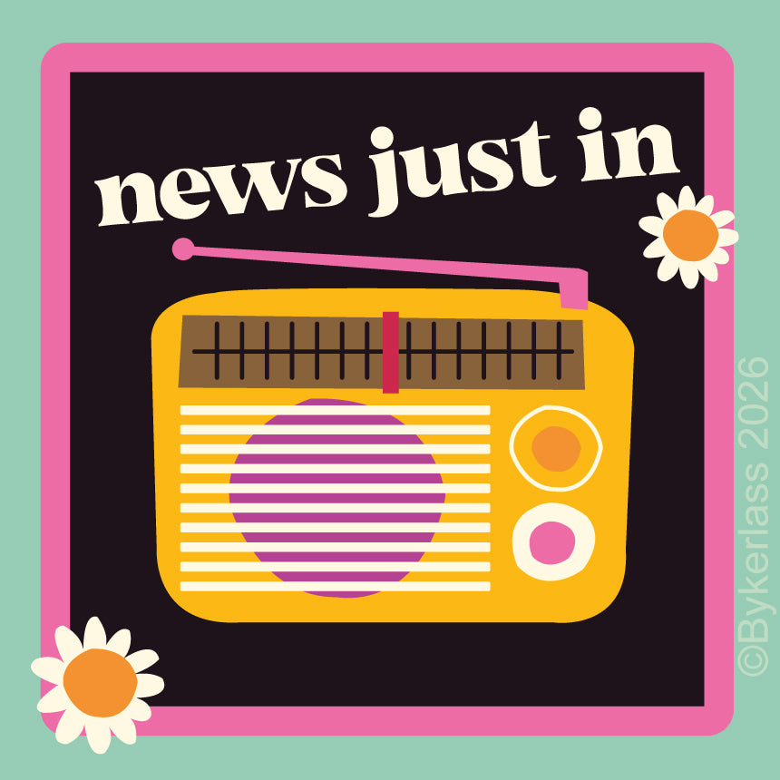 A retro-style illustrated radio graphic with the words 'news just in' on a dark background, framed by a pink border and mint green outer background. The radio is yellow with pink and white details, and two white flowers with orange centers decorate the corners.