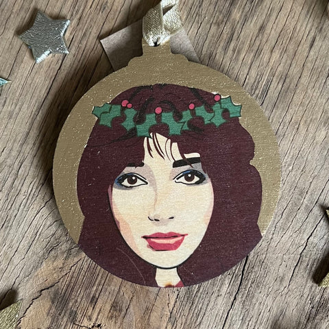 Kate Bush - Character Wooden Bauble Hand Painted with Gold Leaf Paint - RWHO