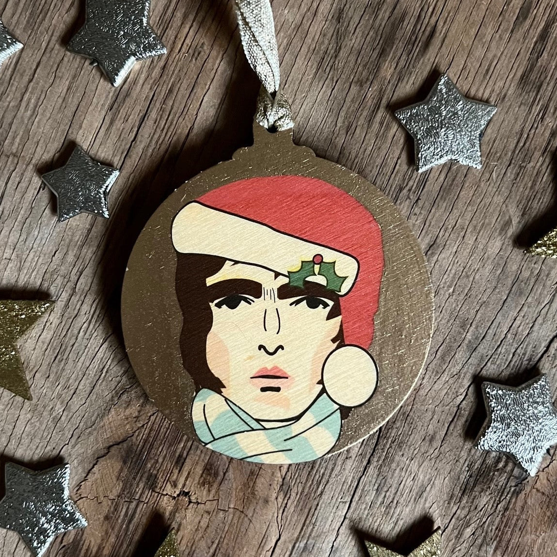 Liam Gallagher - Character Wooden Bauble Hand Painted with Gold Leaf Paint - RWHO