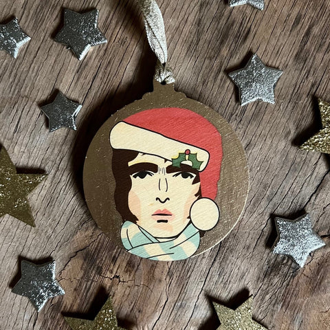 Liam Gallagher - Character Wooden Bauble Hand Painted with Gold Leaf Paint - RWHO